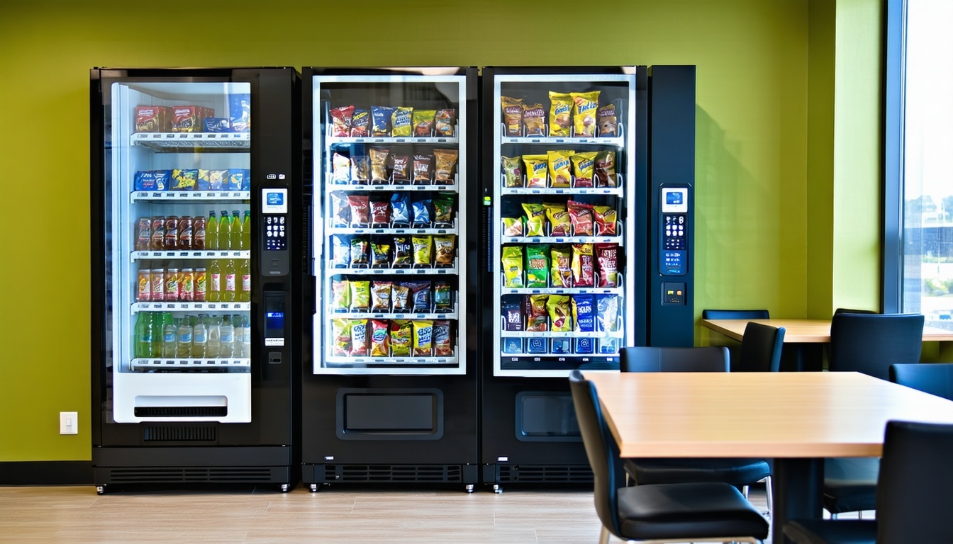 Modern snack and beverage vending machines in an office break room