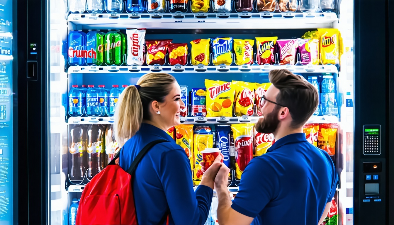 Employees enjoying refreshments from a Crunch Time Vending machine
