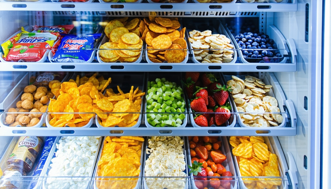 Selection of healthy and popular snacks in a vending machine